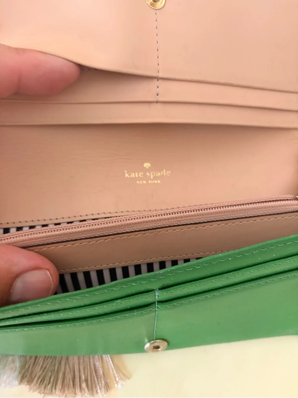 kate spade Green Leather Wristlet Clutch with Silver Plaque very high-end